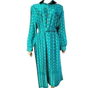 Schrader Vintage Size 14 Teal Pleated Belted Women's Peasant Dress #W7
